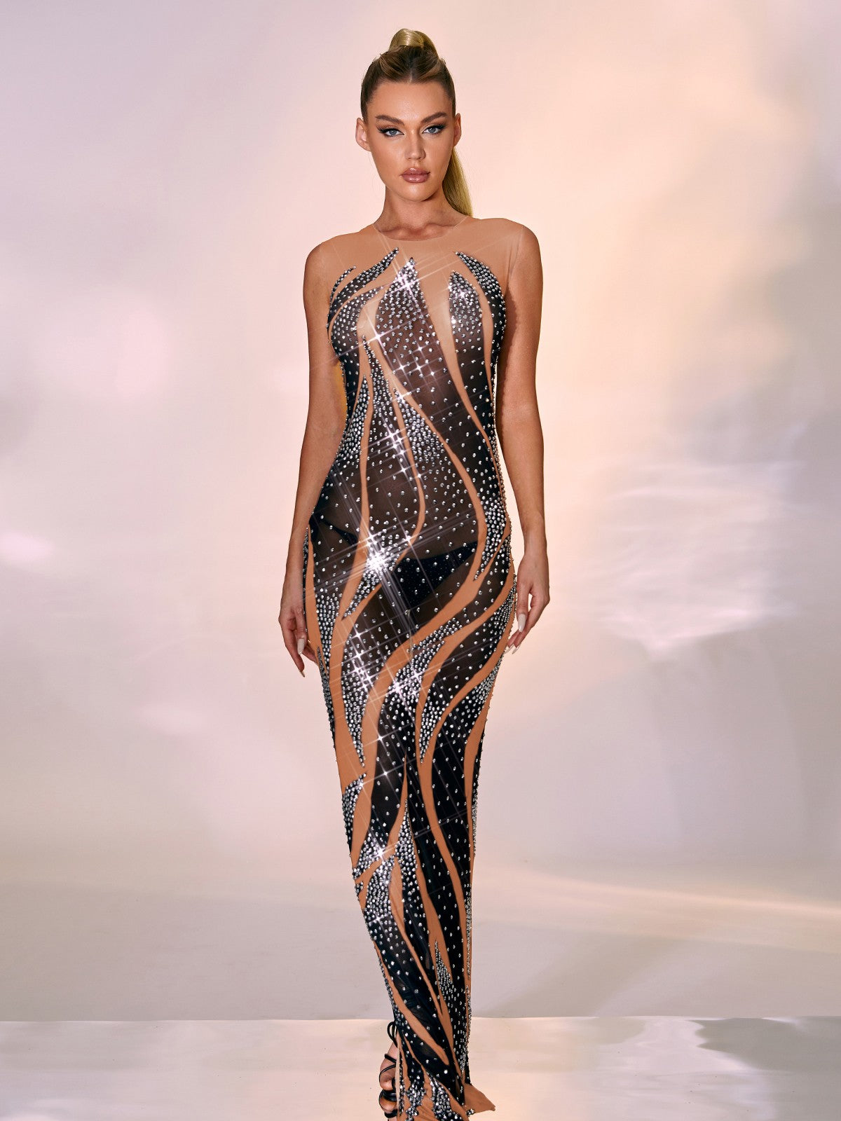 Round Neck Rhinestone Sheer Mesh Sleeveless Bodycon Maxi Dress