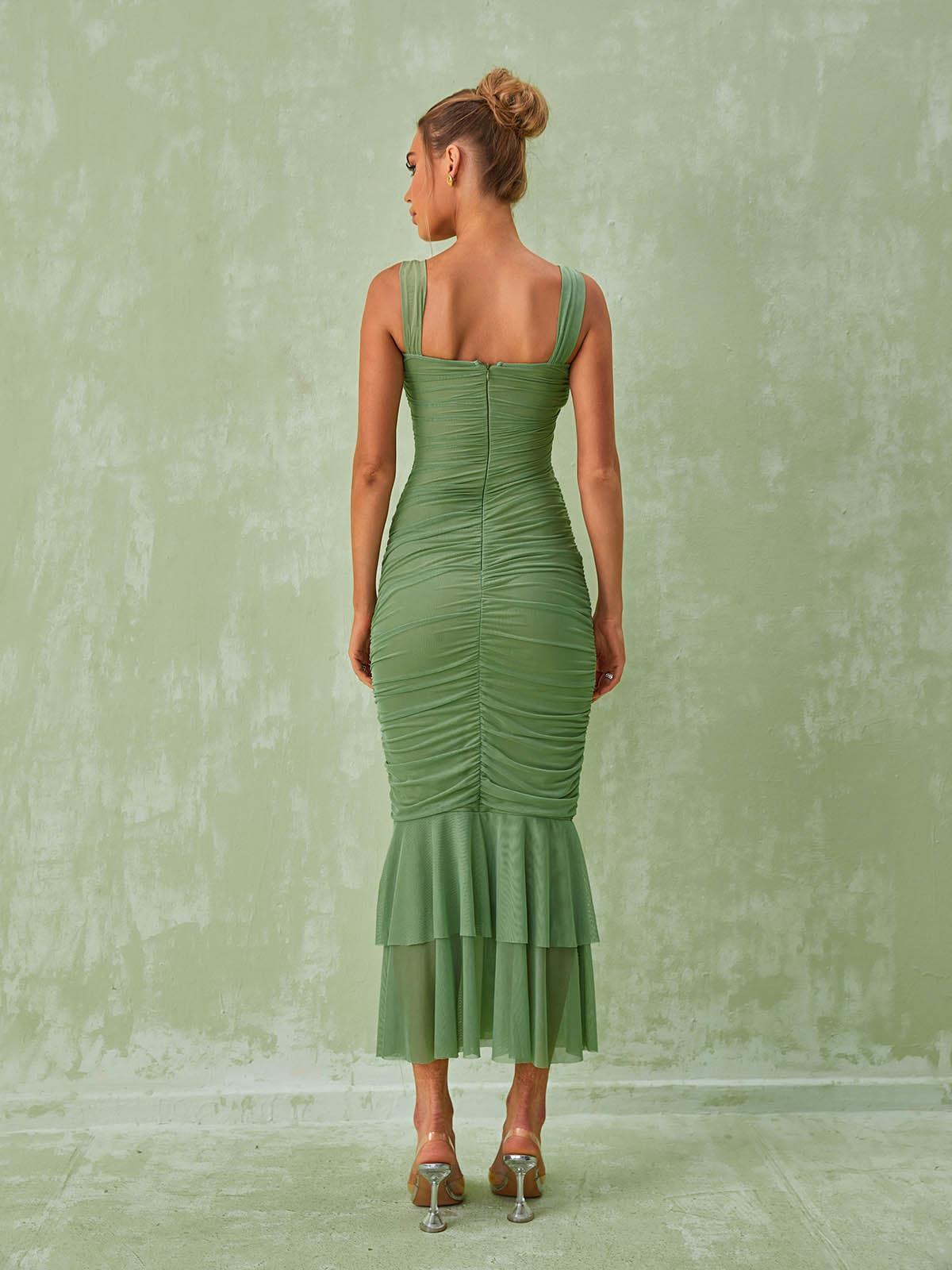 Sweetheart Cutout Ruched Mesh Ruffle Hem Mermaid Midi Dress