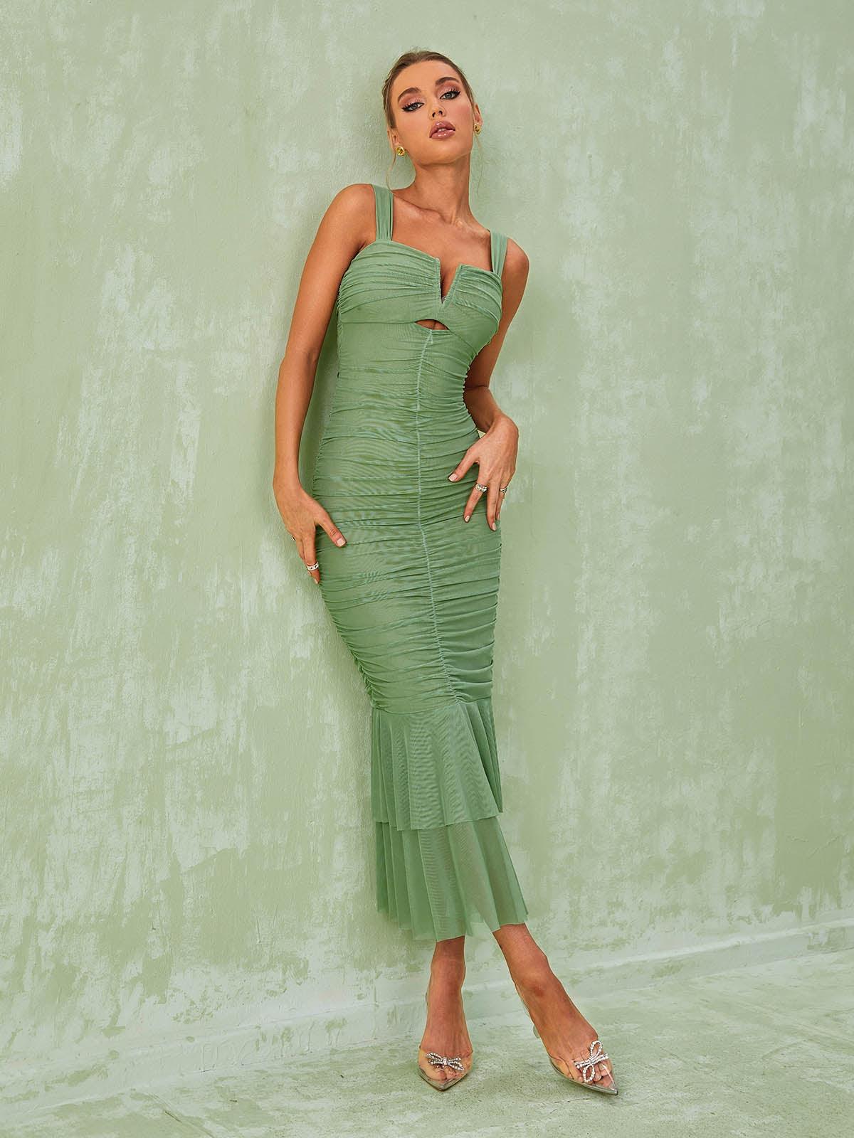 Sweetheart Cutout Ruched Mesh Ruffle Hem Mermaid Midi Dress