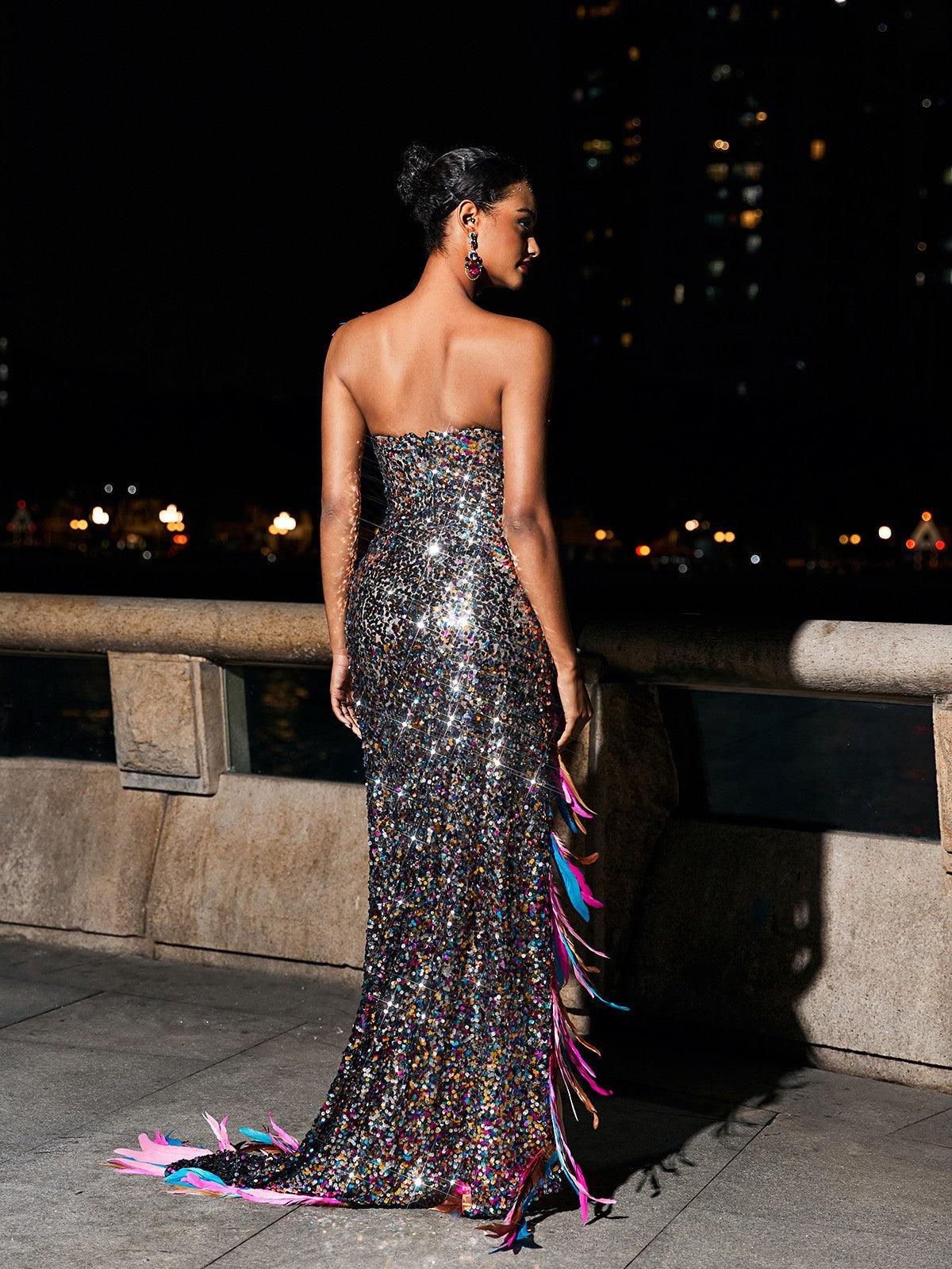 Strapless Feather Split Sequin Dress