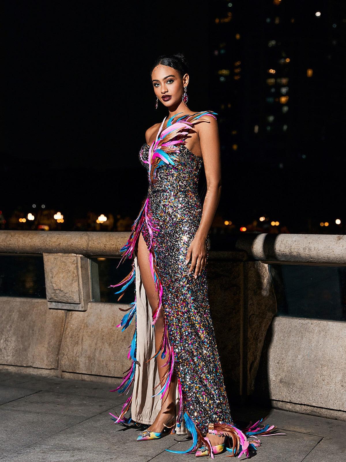 Strapless Feather Split Sequin Dress