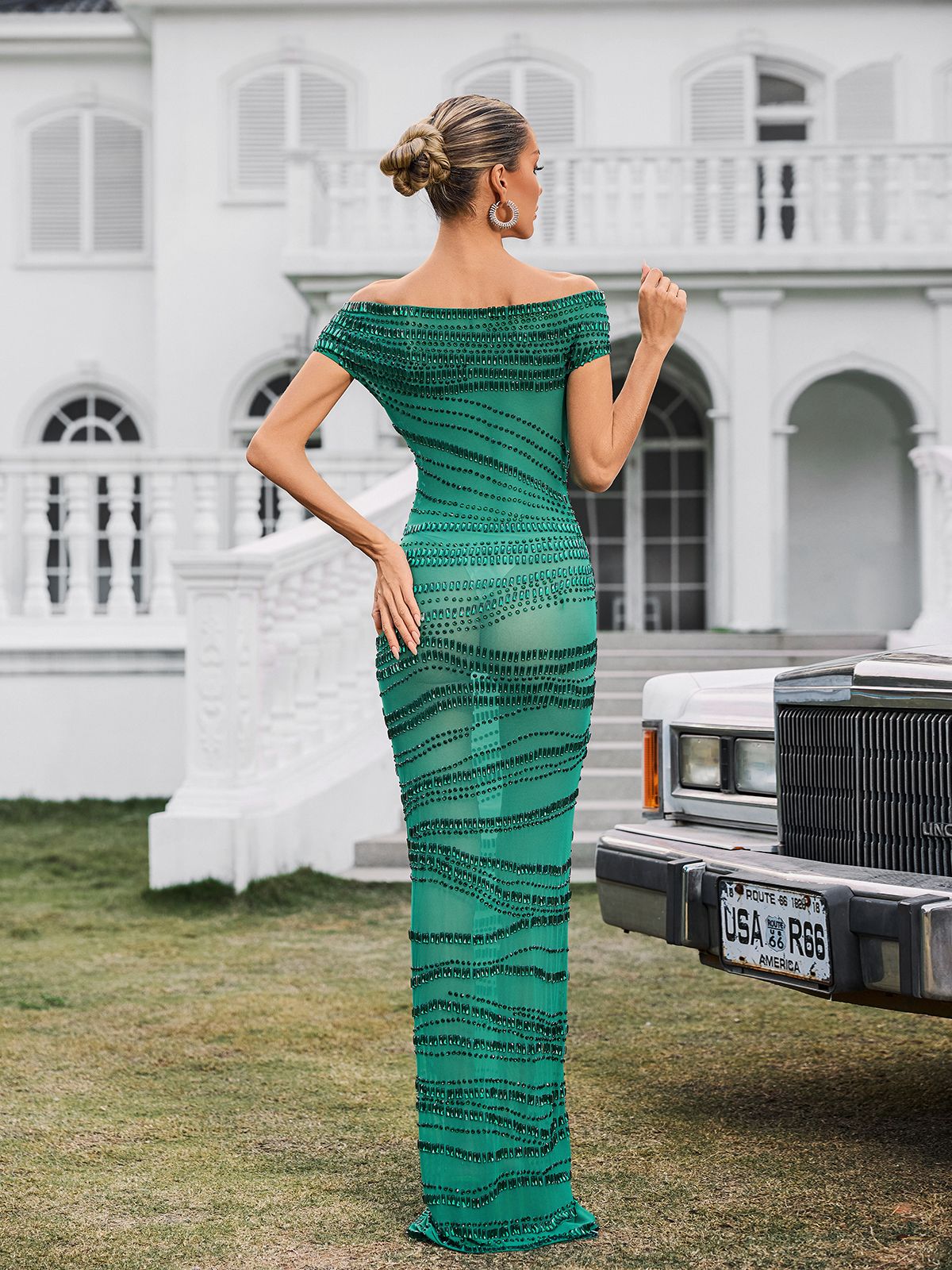 Off Shoulder Rhinestone Mesh Maxi Dress In Green