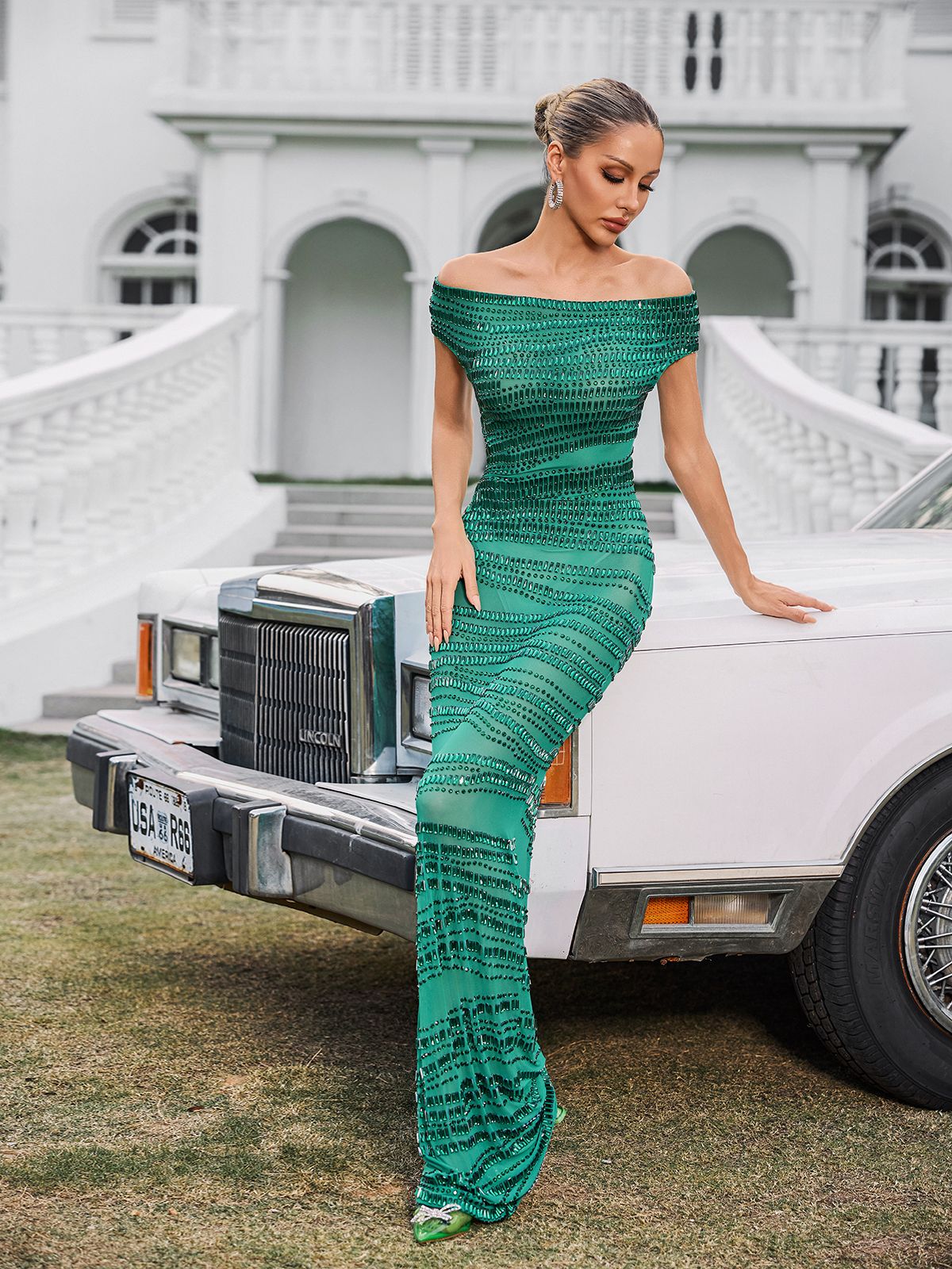 Off Shoulder Rhinestone Mesh Maxi Dress In Green