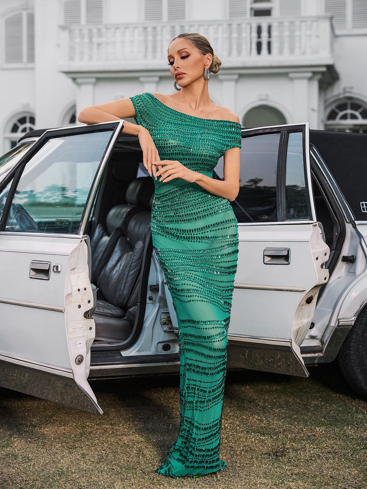 Off Shoulder Rhinestone Mesh Maxi Dress In Green