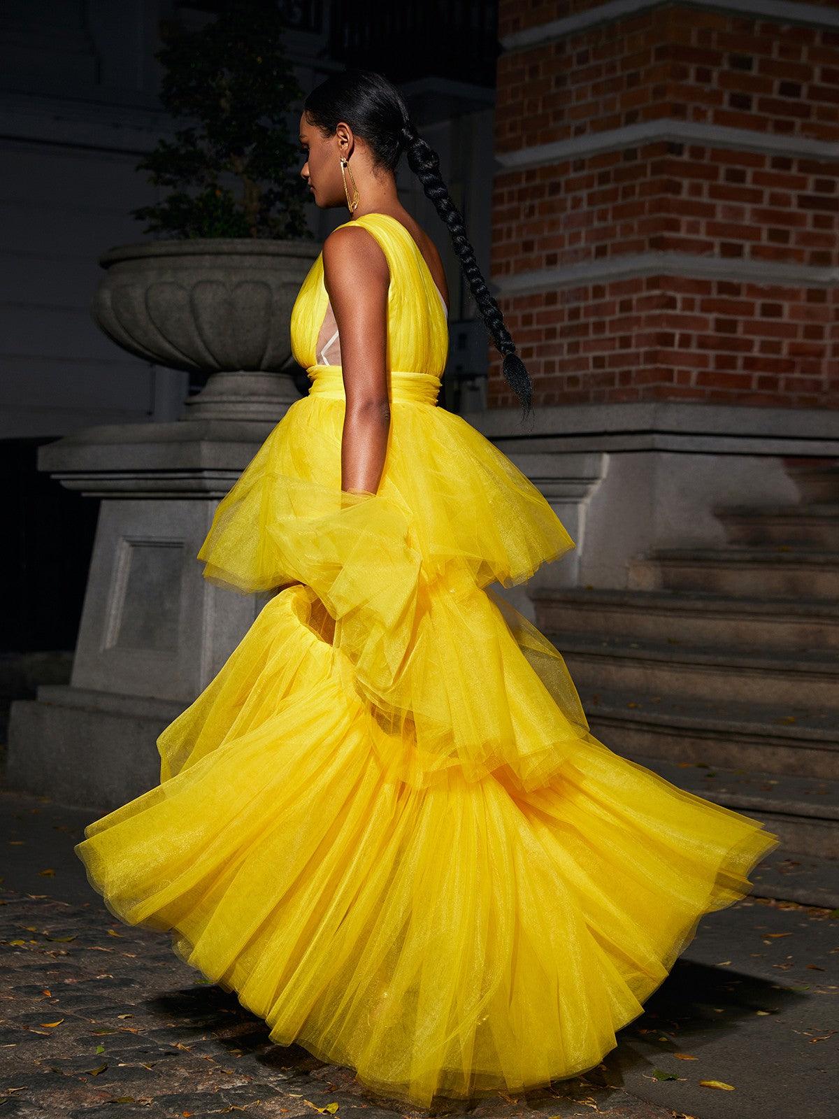 One Shoulder Tulle Tiered Ruffle High-Low Maxi Dress