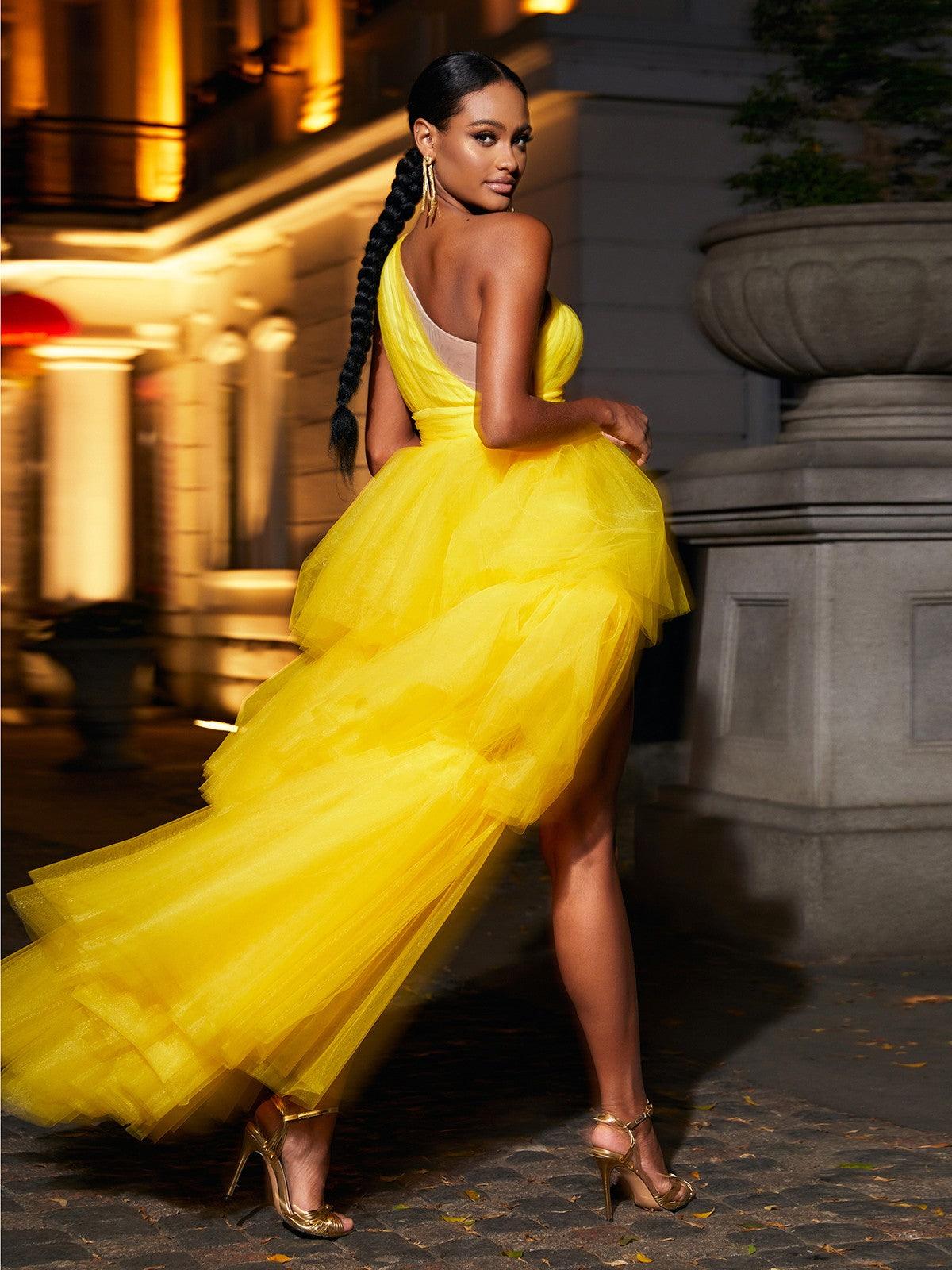 One Shoulder Tulle Tiered Ruffle High-Low Maxi Dress