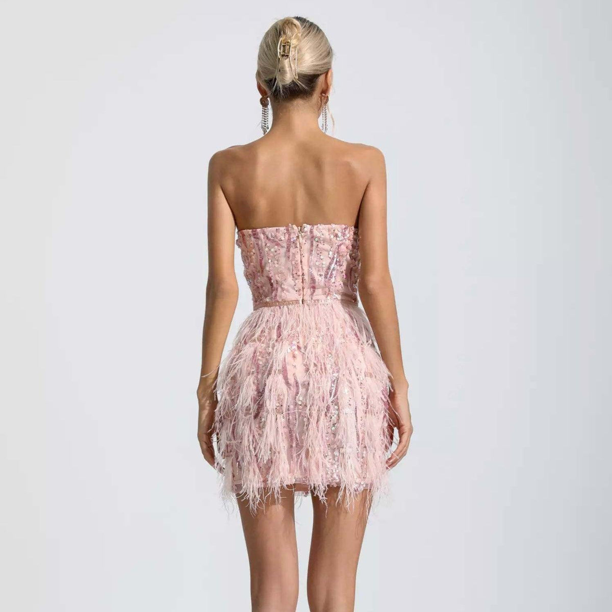 Pink Strapless Sweetheart Sequin Corset Feather Fringe Mini Dress