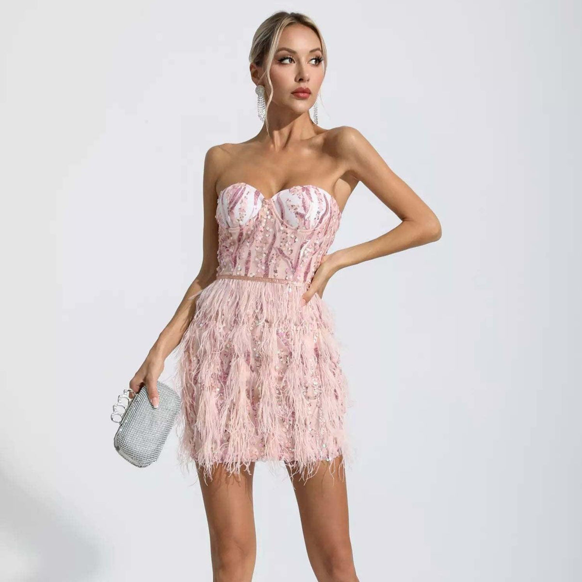 Pink Strapless Sweetheart Sequin Corset Feather Fringe Mini Dress