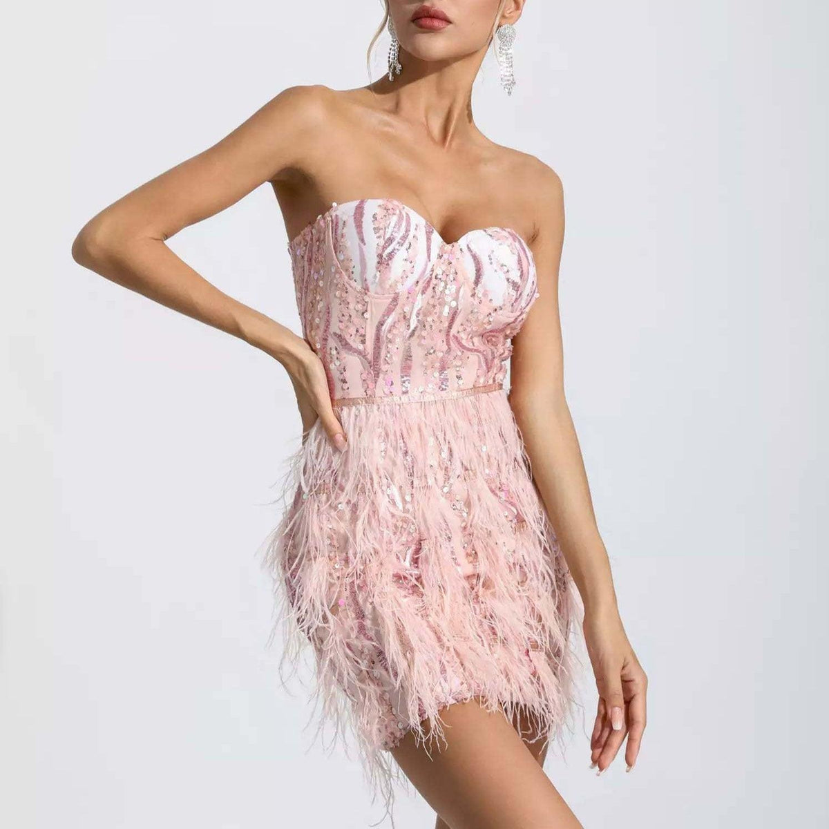 Pink Strapless Sweetheart Sequin Corset Feather Fringe Mini Dress