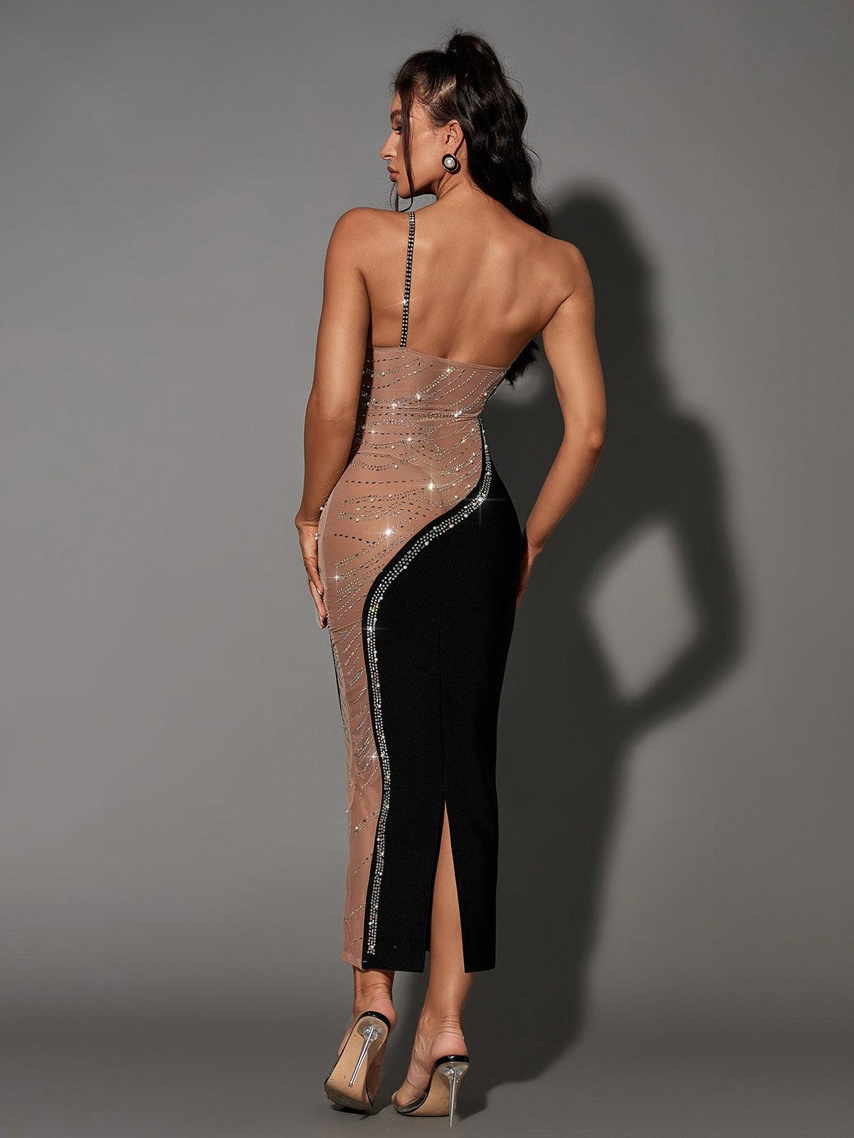 One Shoulder Pearl Rhinestone Mesh Illusion Bandage Midi Dress