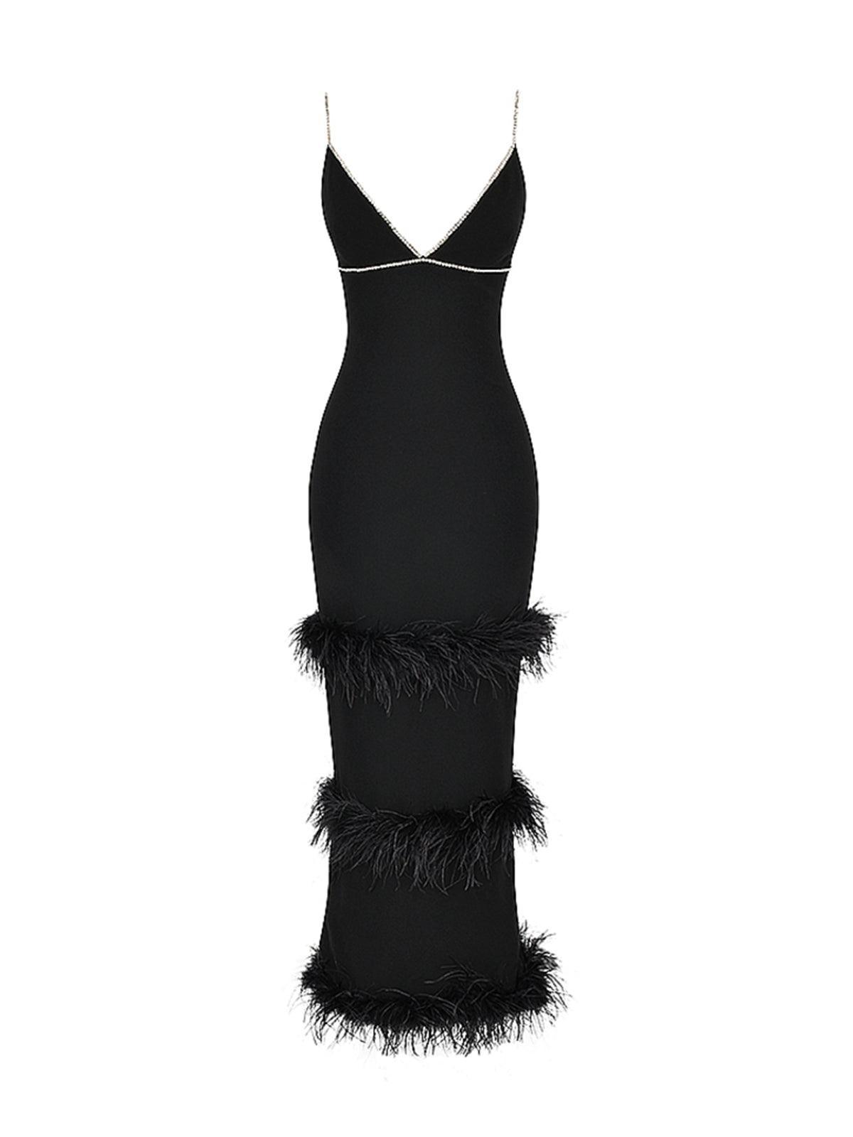 Rhinestone Strap V-Neck Feather Trim Bodycon Maxi Dress