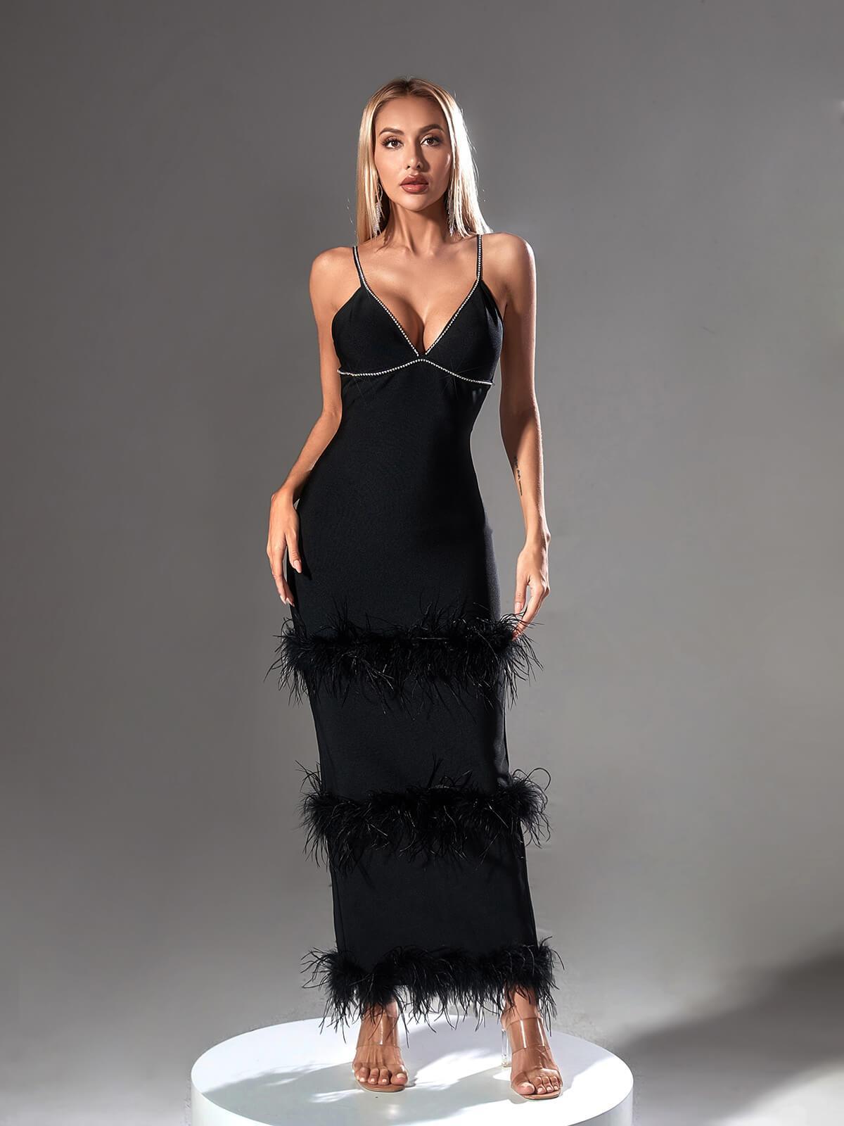 Rhinestone Strap V-Neck Feather Trim Bodycon Maxi Dress