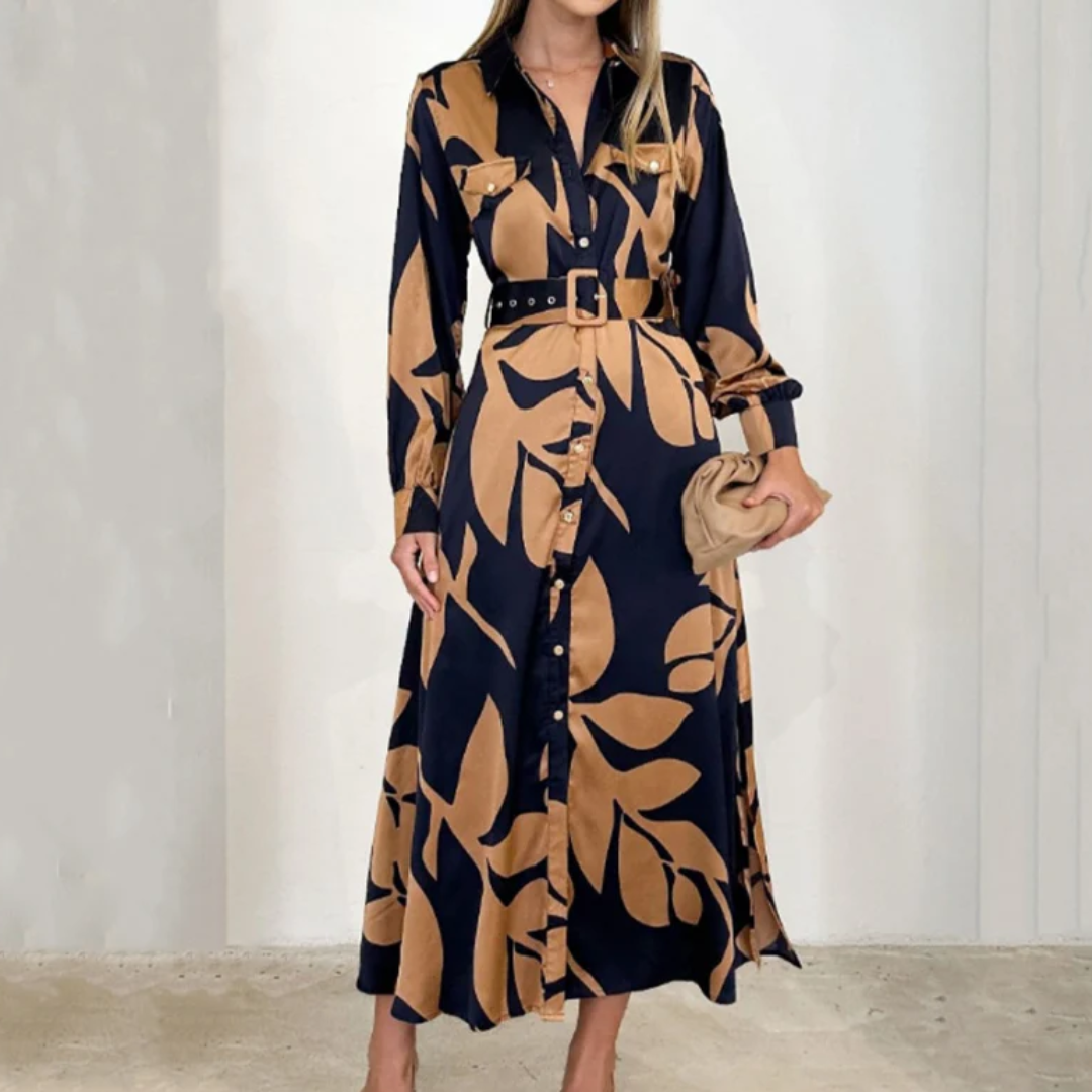 Collared Button Front Long Sleeve Leaf Print Belted Shirt Maxi Dress