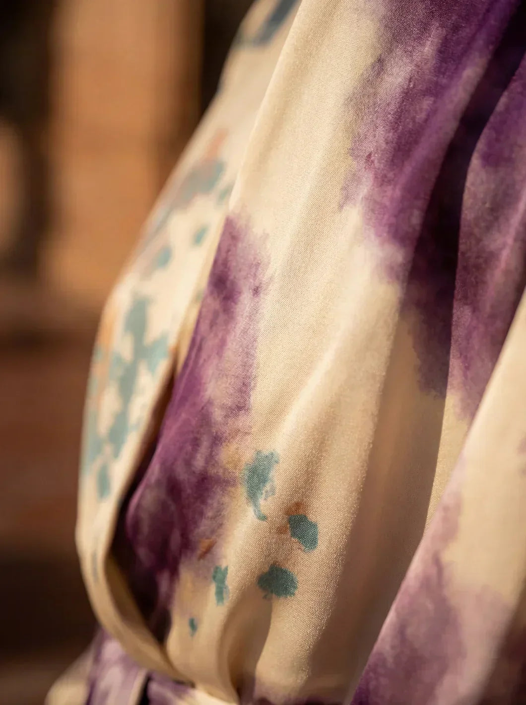 Violet Silk V-Neck Watercolor Print Satin Balloon Sleeve Wrap Midi Dress 5