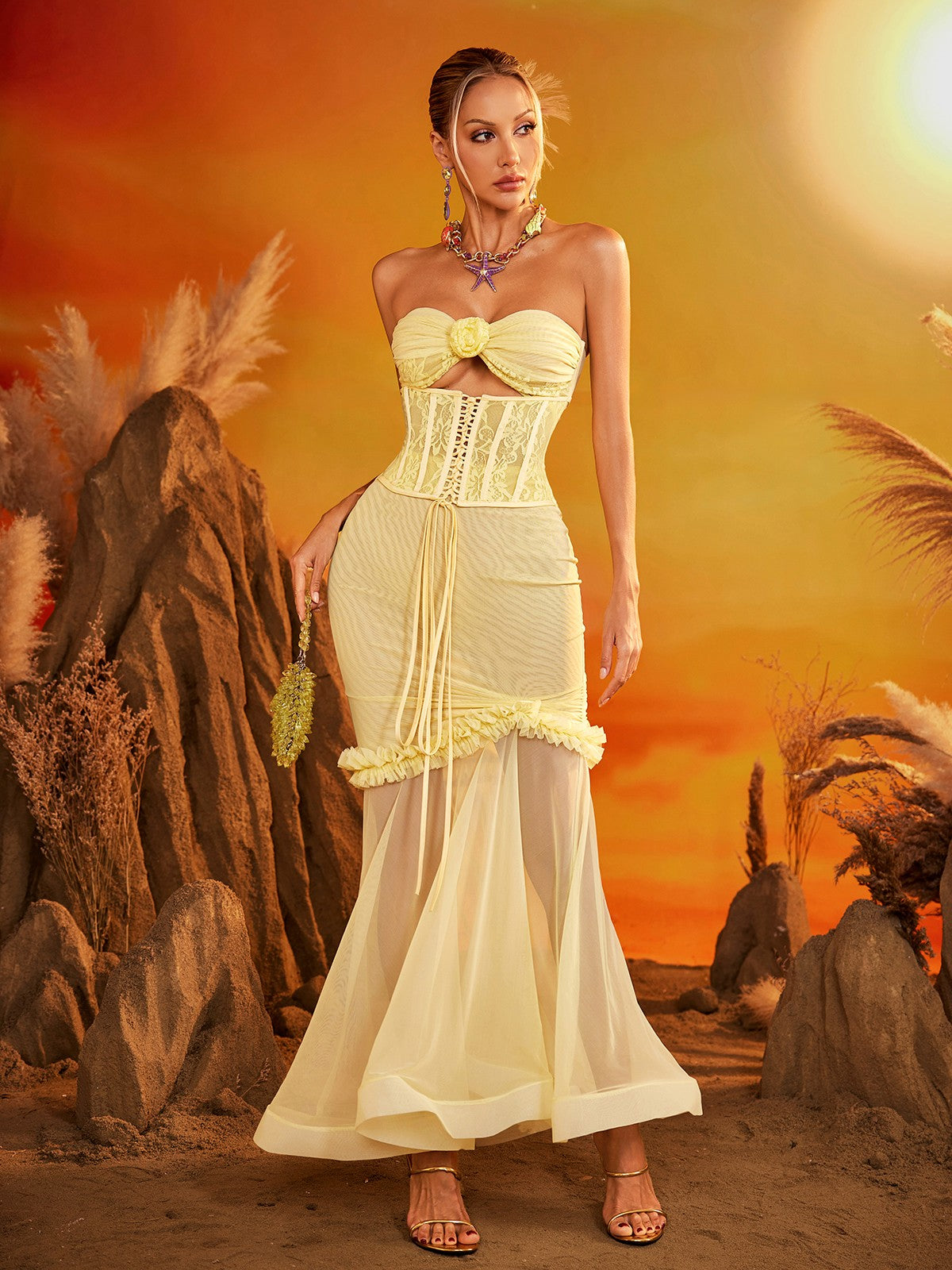 Strapless Lace Up Mesh Maxi Dress