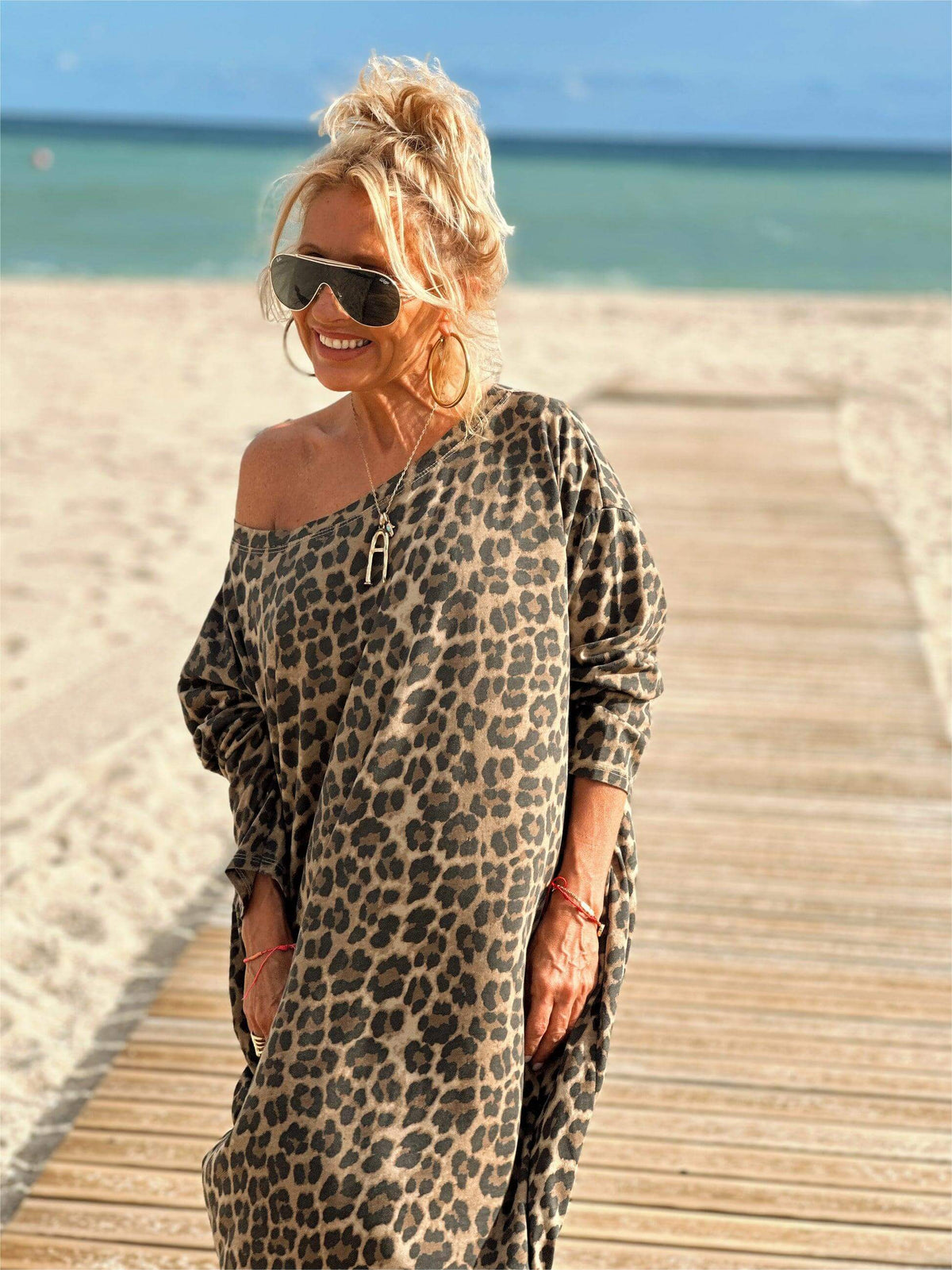 Leopard Off-Shoulder Leopard Print Long Sleeve Oversized Maxi Dress 5