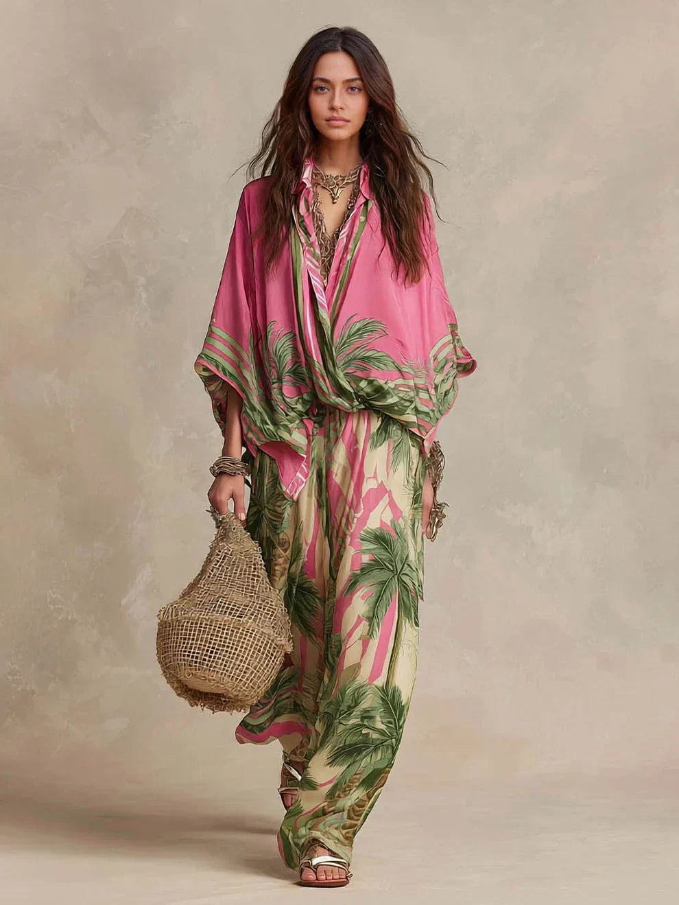 Pink Palm Print Kimono Top Wide-Leg Pants Two-Piece Set