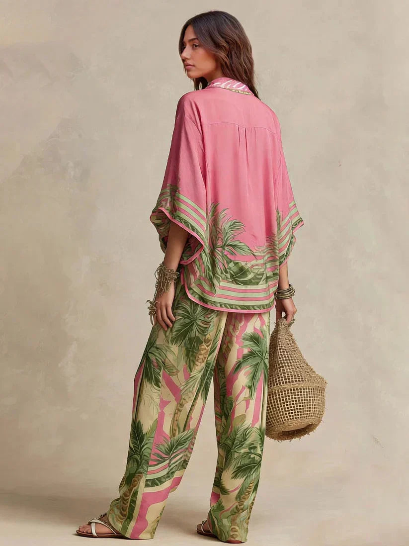 Pink Palm Print Kimono Top Wide-Leg Pants Two-Piece Set 2