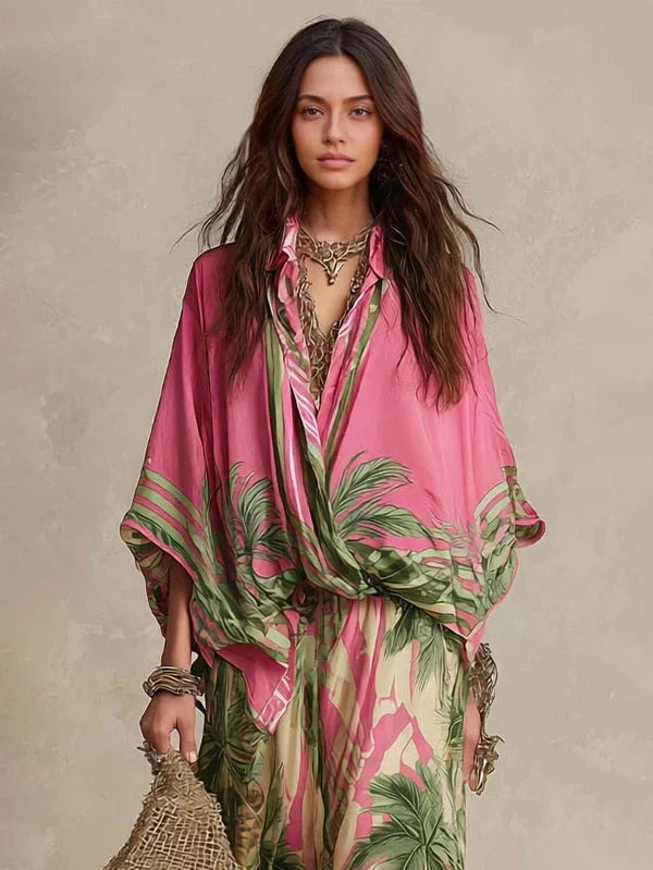 Pink Palm Print Kimono Top Wide-Leg Pants Two-Piece Set 3