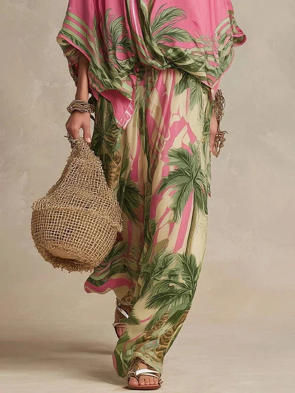 Pink Palm Print Kimono Top Wide-Leg Pants Two-Piece Set 4