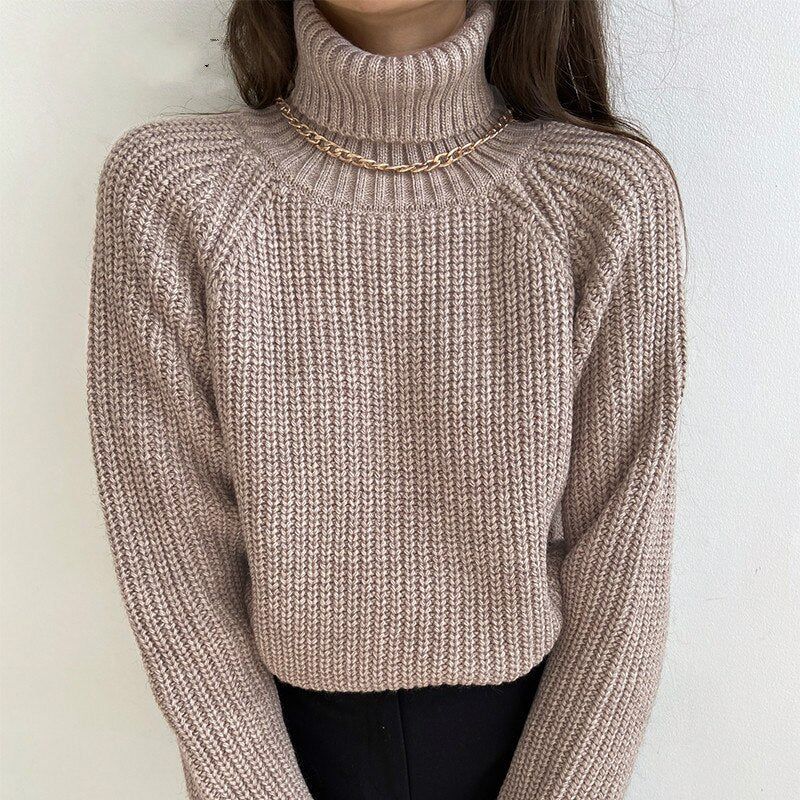 Beige Turtleneck Chunky Rib Knit Long Sleeve Pullover Sweater