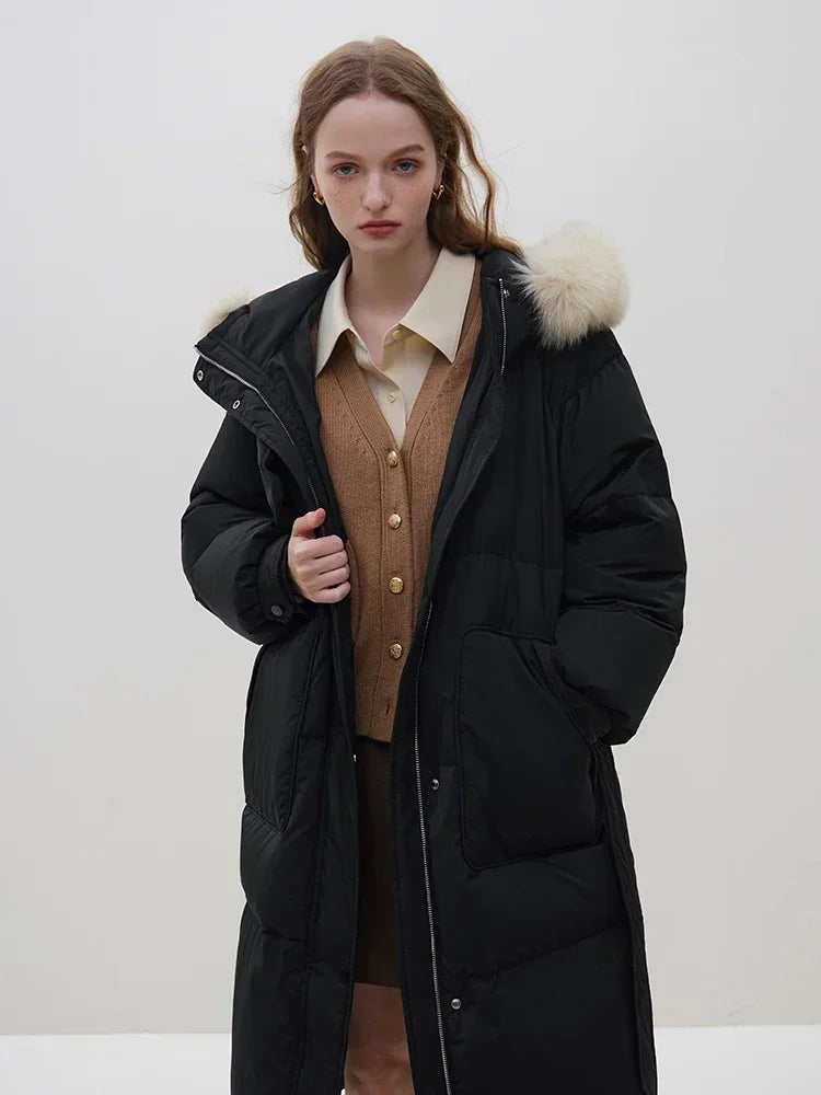 Detachable Fox Fur Collar Windbreaker Down Winter Warm Stylish Elegant Cozy Coat