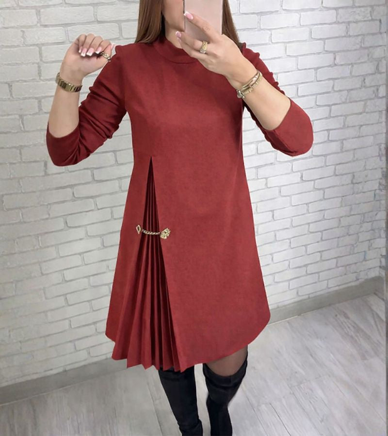 Mock Neck Long Sleeve Pleated Detail A-Line Mini Dress 8