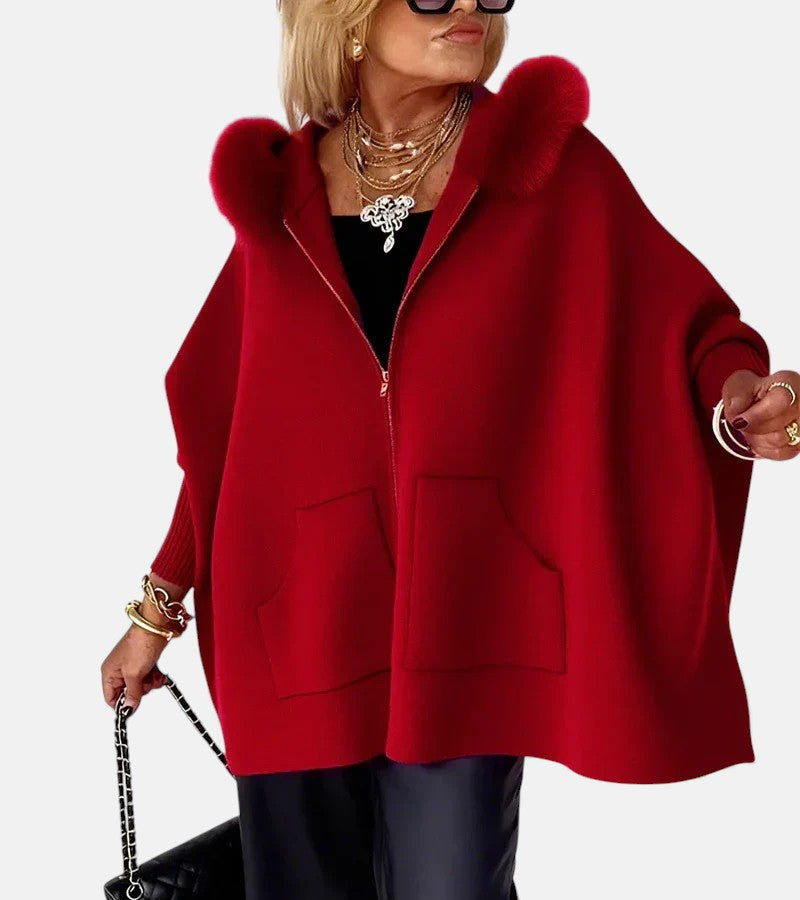 Faux Fur Hooded Zip Front Batwing Patch Pocket Cape Jacket