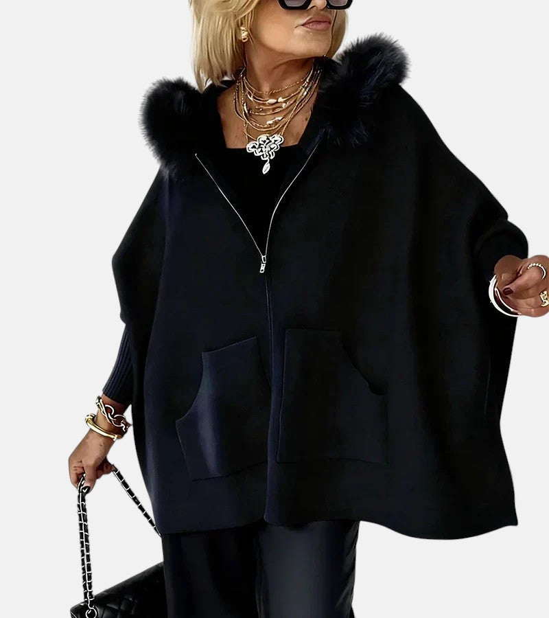 Faux Fur Hooded Zip Front Batwing Patch Pocket Cape Jacket
