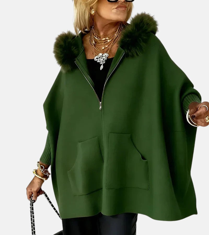 Faux Fur Hooded Zip Front Batwing Patch Pocket Cape Jacket