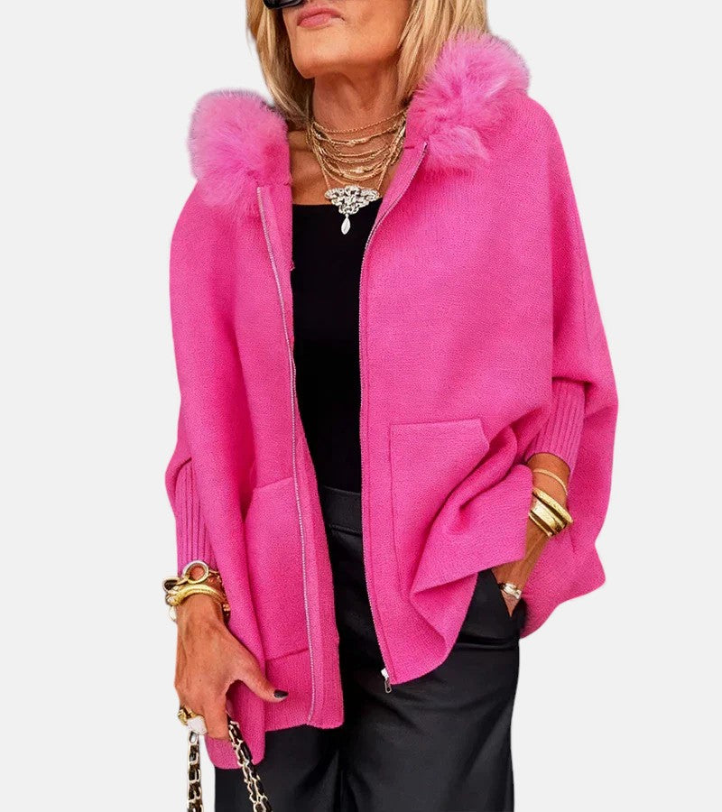 Faux Fur Hooded Zip Front Batwing Patch Pocket Cape Jacket