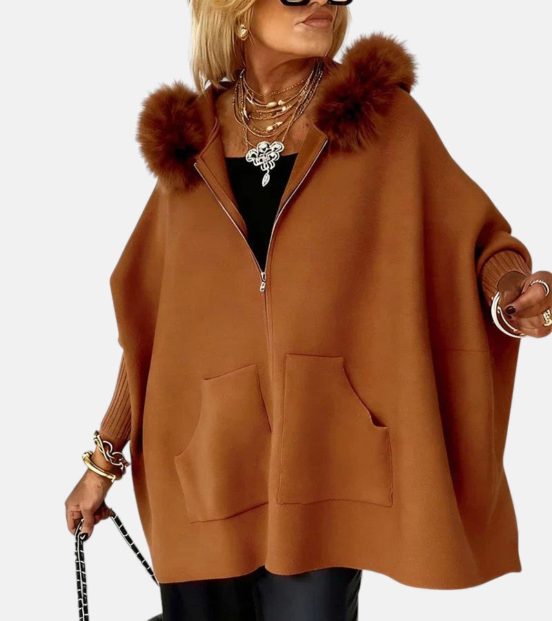 Faux Fur Hooded Zip Front Batwing Patch Pocket Cape Jacket