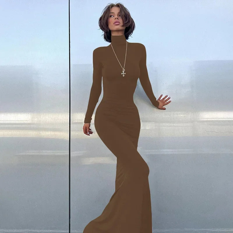 Turtleneck Sleeve Maxi Dress Brown / S