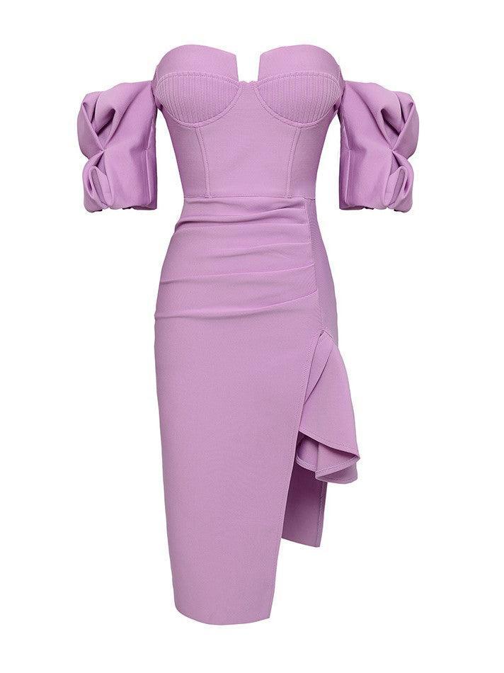 Off-Shoulder Puff Sleeve Corset Ruffle Slit Bodycon Midi Dress 6