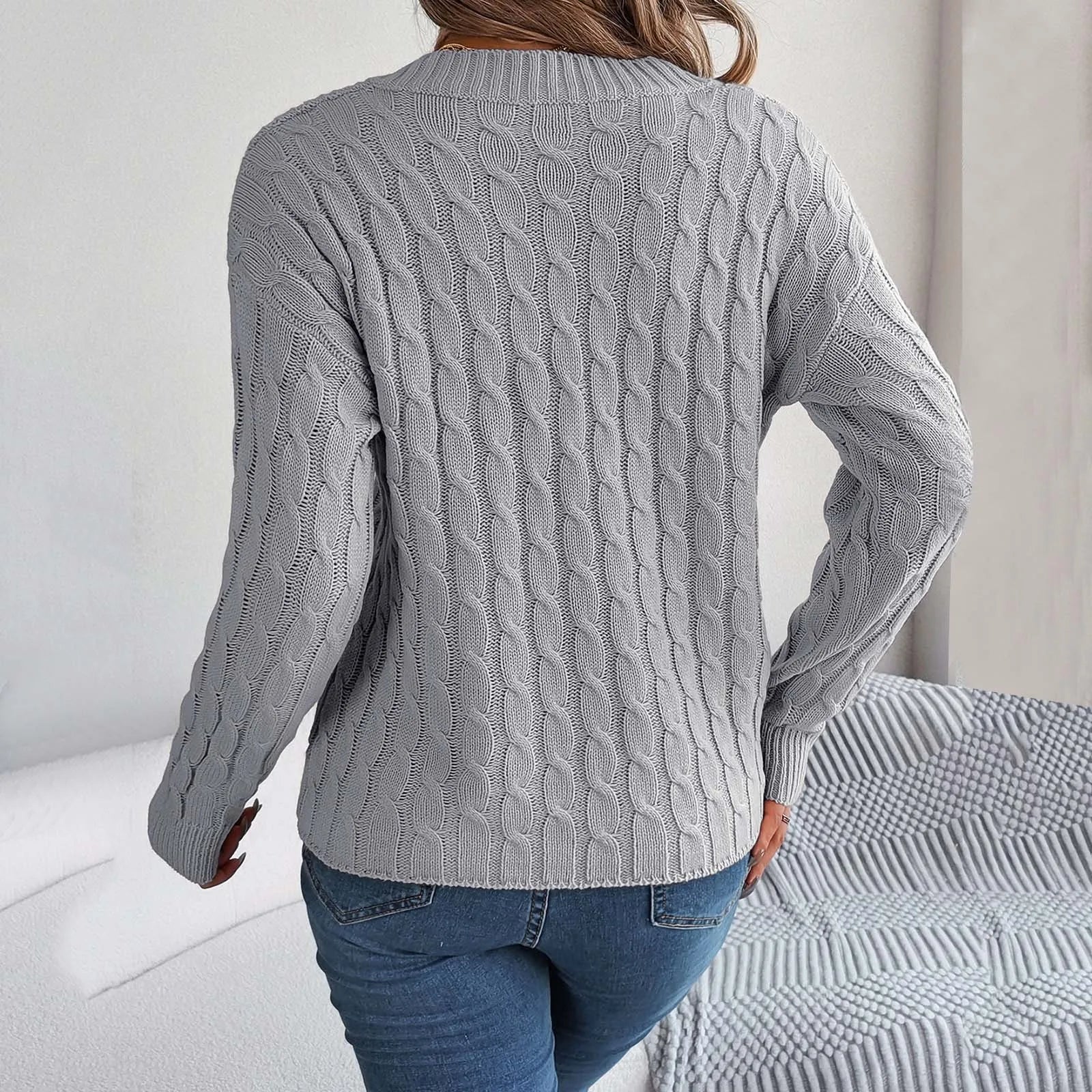 Fashion Solid Long Autumn Winter Casual Vneck Pullover Sweater