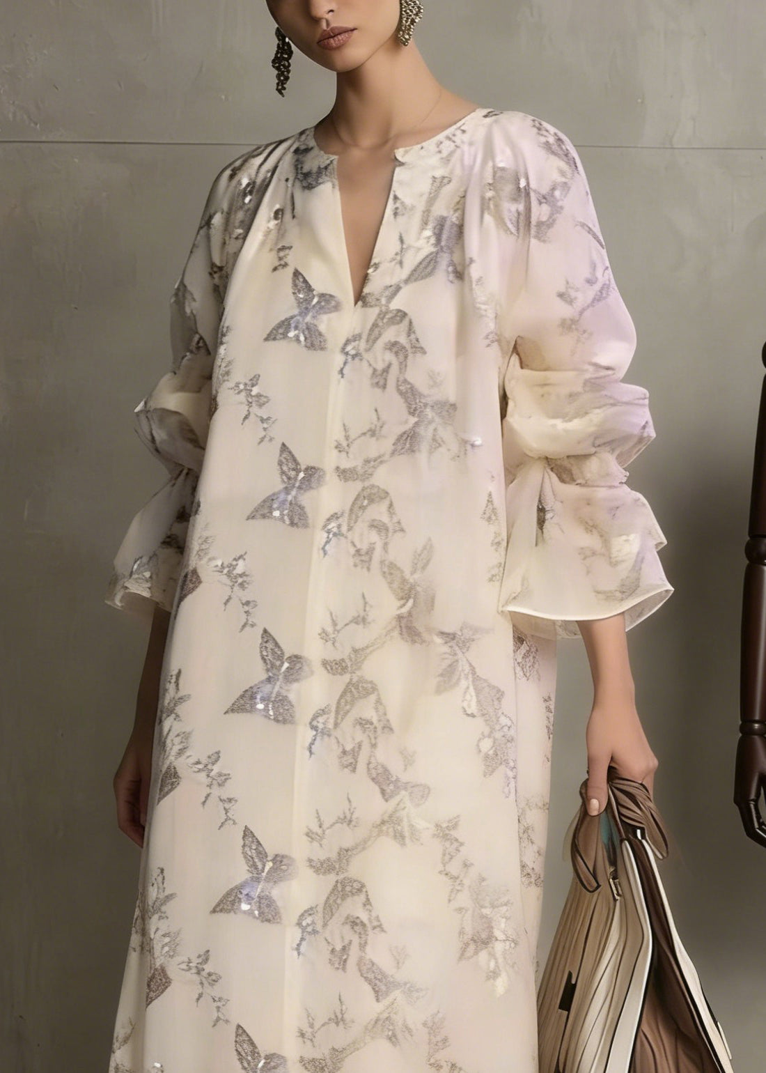 Fashion Apricot Butterfly Sequins Cotton Dress Flare Sleeve
