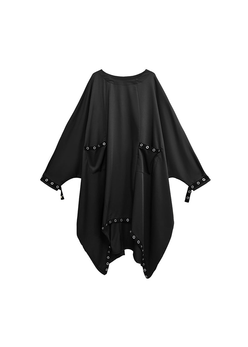 Fashion Black O Neck Asymmetrical Patchwork Cotton Dress Long Sleeve