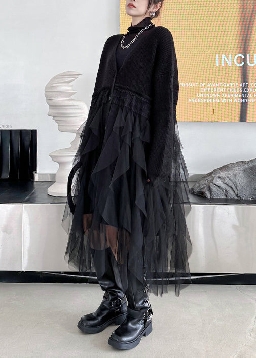 Fashion Black V Neck Button Tulle Patchwork Knit Dress