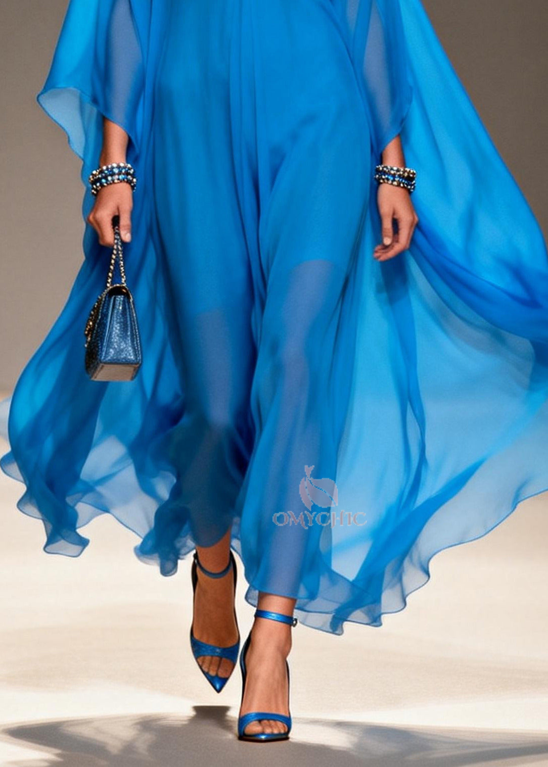 Fashion Blue Oversized Draping Chiffon Long Dress Summer
