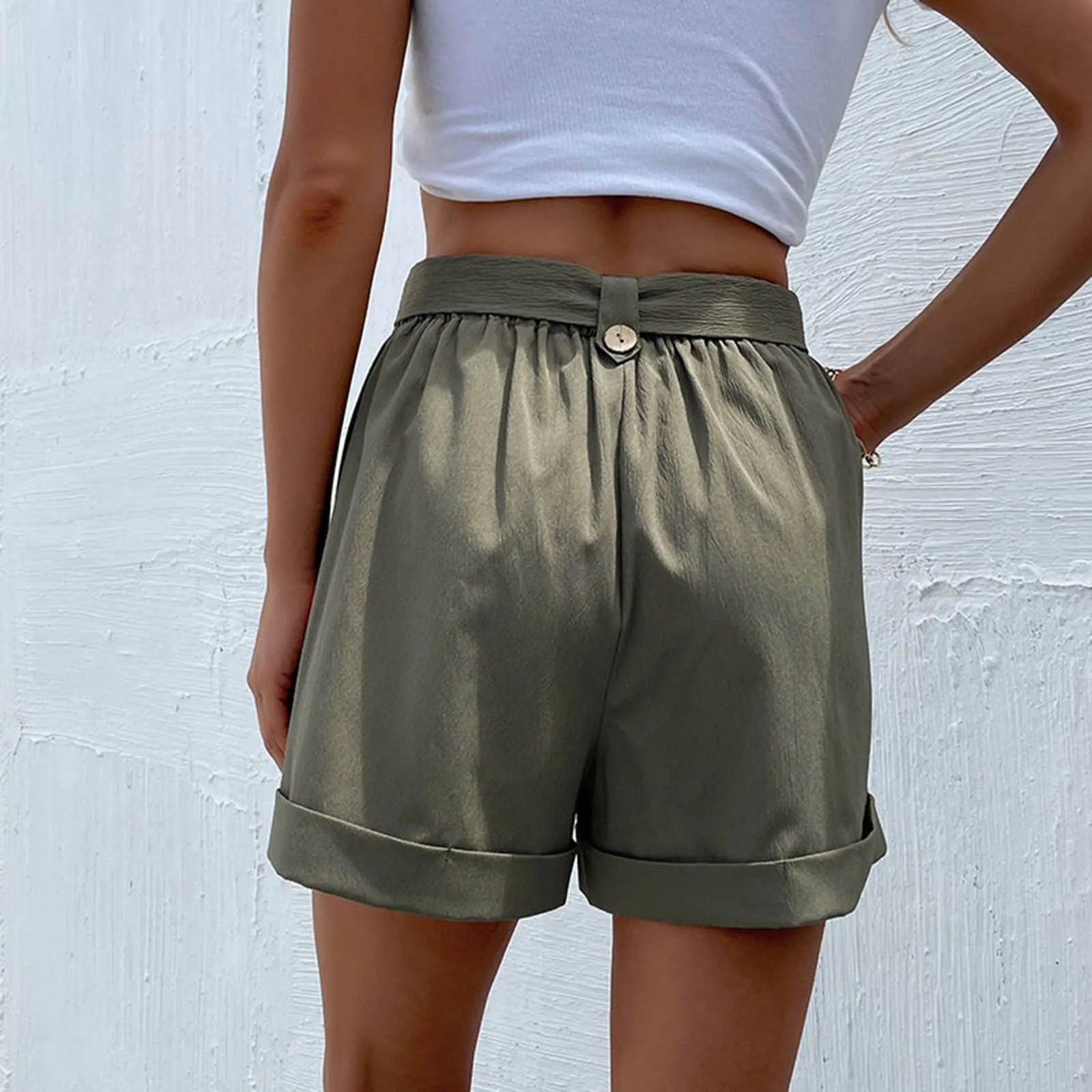 Fashion Casual Basic Summer New Casual Green Female With Belt Short