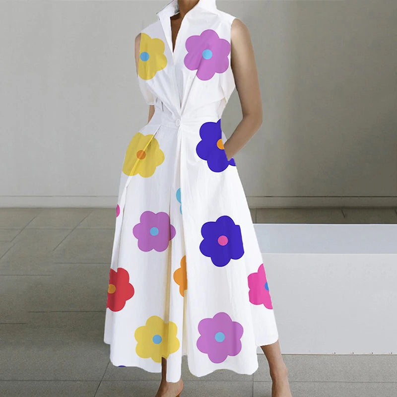 Fashion Casual Turndown Collar Printed Sleeveless Loose Elegant Slim Fit Midi Dresses