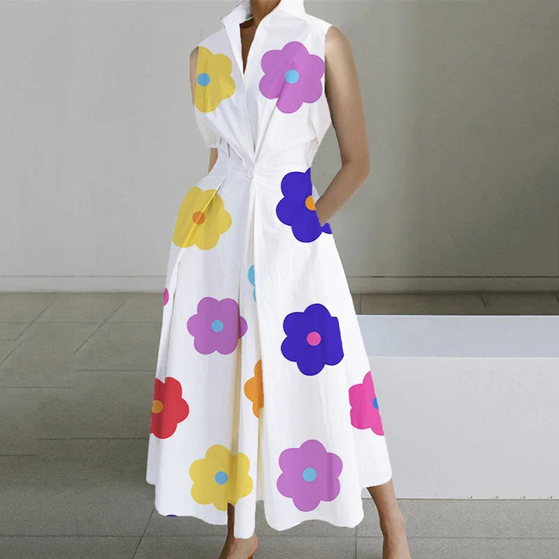 Fashion Casual Turndown Collar Printed Sleeveless Loose Elegant Slim Fit Midi Dresses