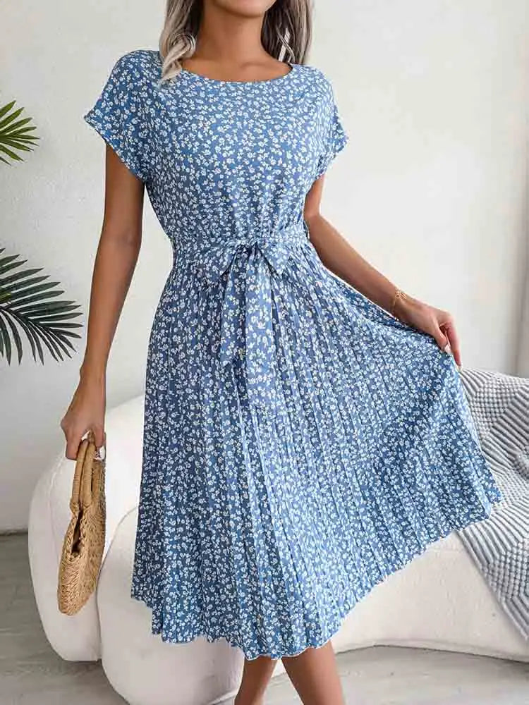 Pleated Floral ALine Midi Dress