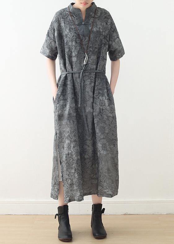 Fashion Grey Print Oriental Summer Linen Dress