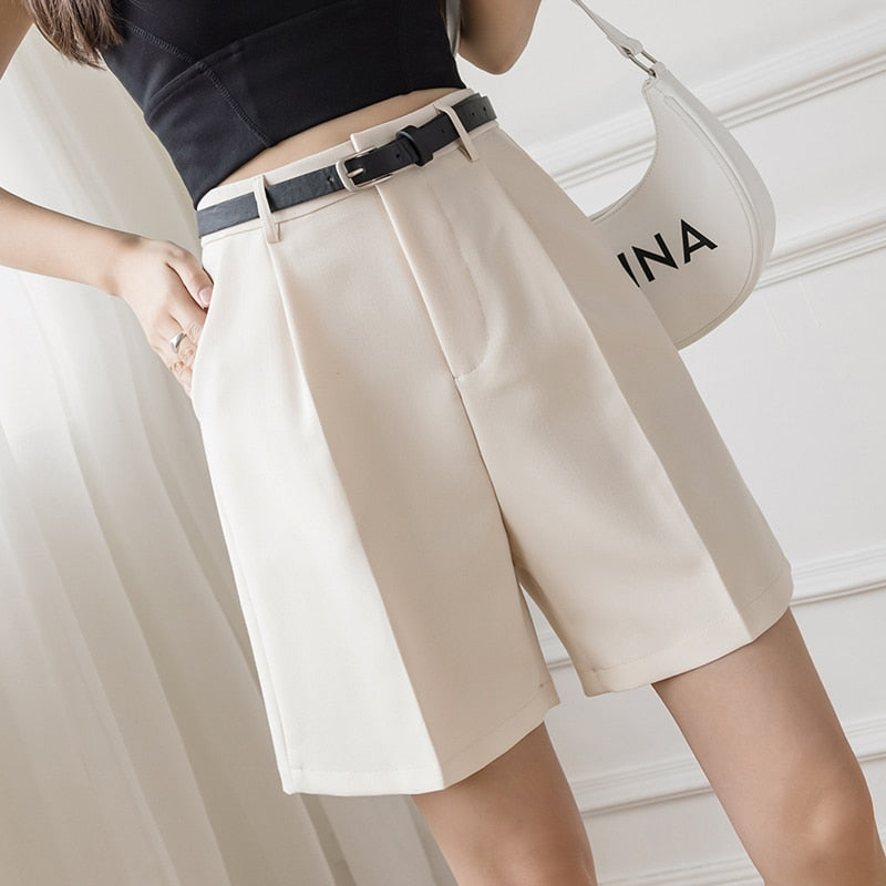 Women Casual Solid Color High Waist Zipper Shorts