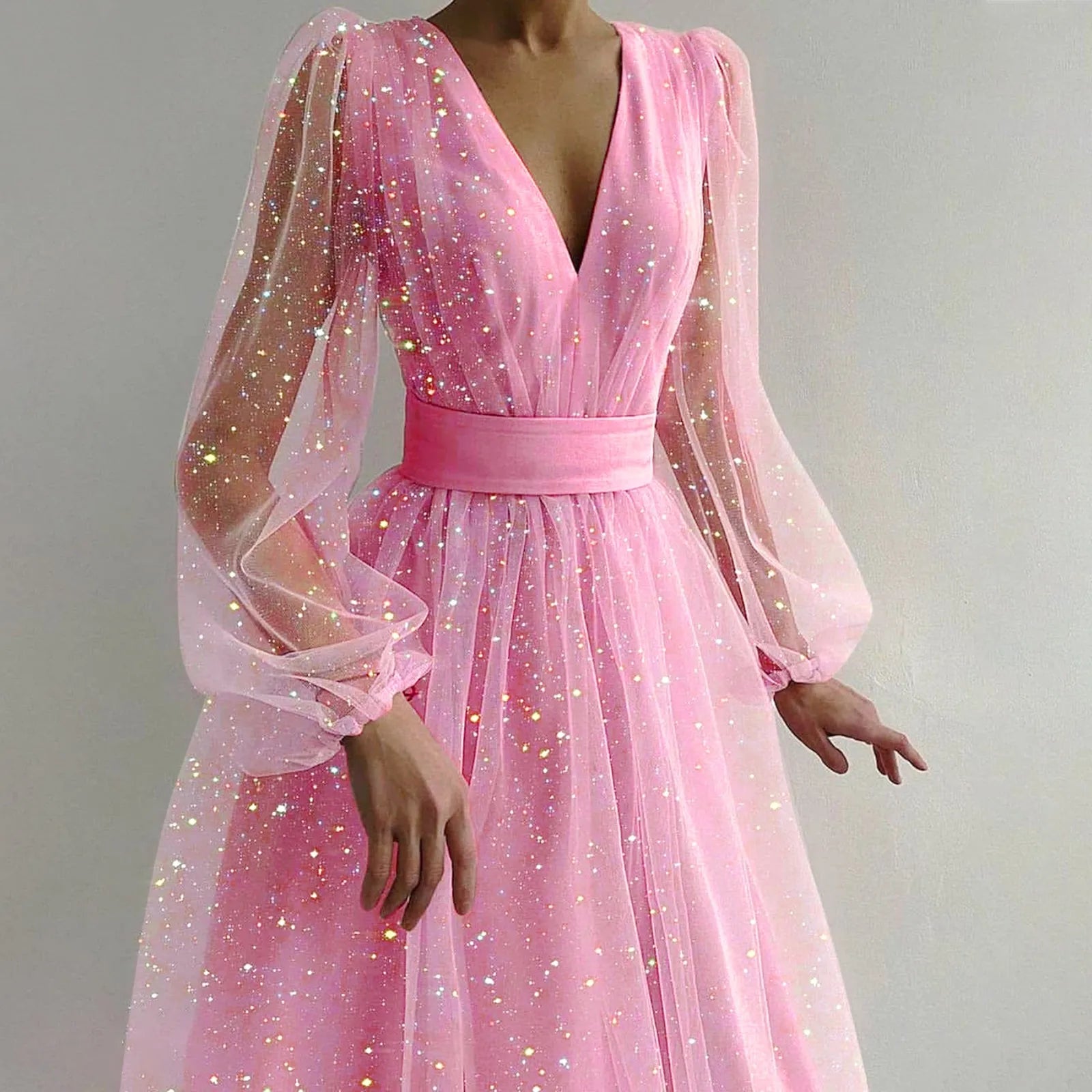 Sparkling Sleeveless Mesh VNeck Lantern Fairy Princess Dress