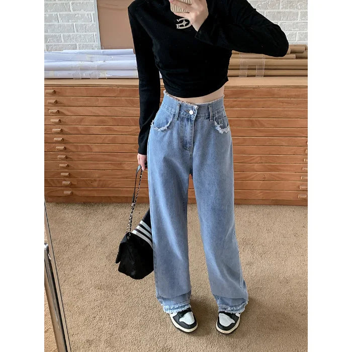 Blue Straight Basic Loose Casual FullLength Women Jeans