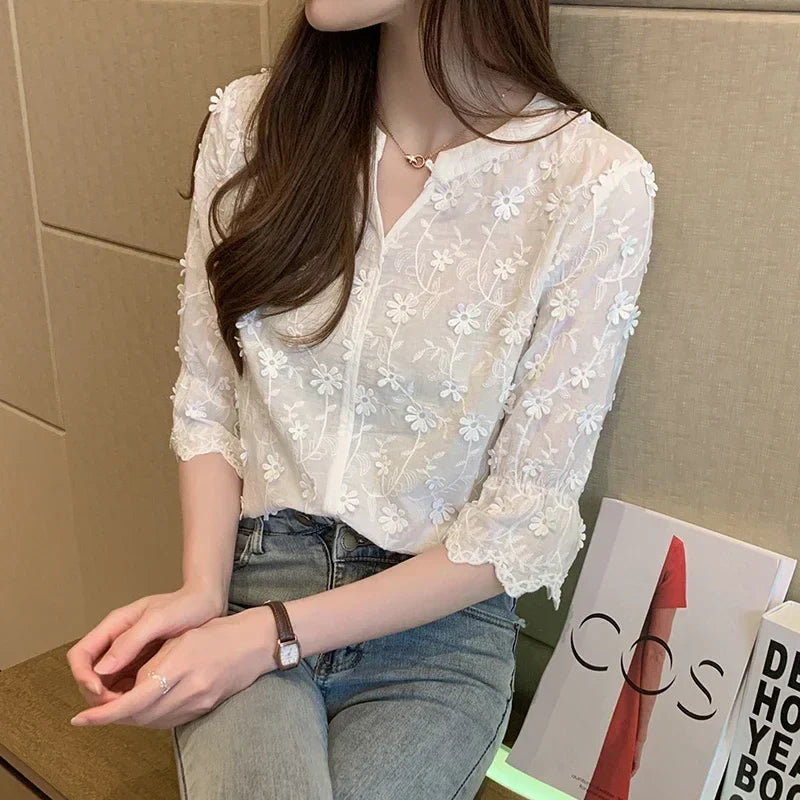 Embroidered White Cotton Floral Korean Style Blouse