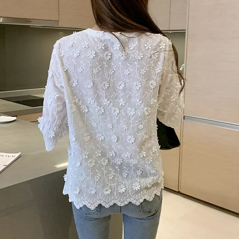 Embroidered White Cotton Floral Korean Style Blouse