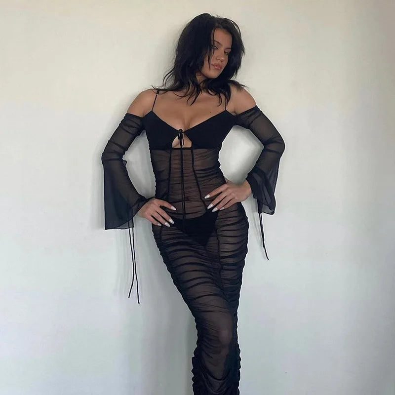 Fashion Mesh See Through Tie Front Maxi Dress Black / S